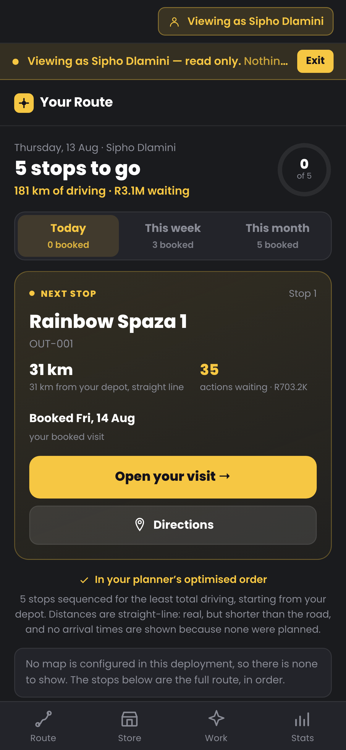 KeyLink, the field rep's app: today's route — five stops to go, 181 km of driving, and the next stop called out with its distance, the actions waiting there, and the rand behind them